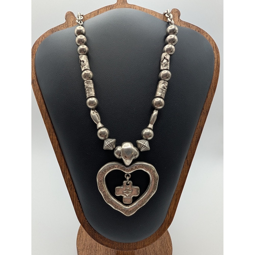 Fruits of the Spirit Heart Cross Dove Necklace Silver Tone Religious Statement